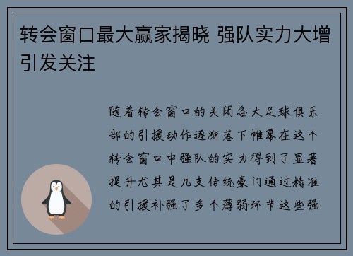 转会窗口最大赢家揭晓 强队实力大增引发关注 转会窗口最大赢家揭晓 强队实力大增引发关注
